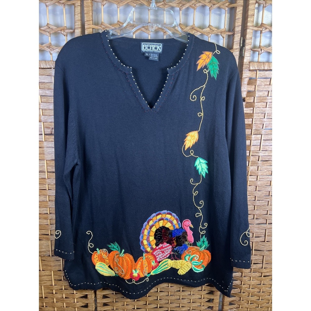 VTG Berek V Neck Sweater Womens XL Black Novelty Applique Turkey Thanksgiving
